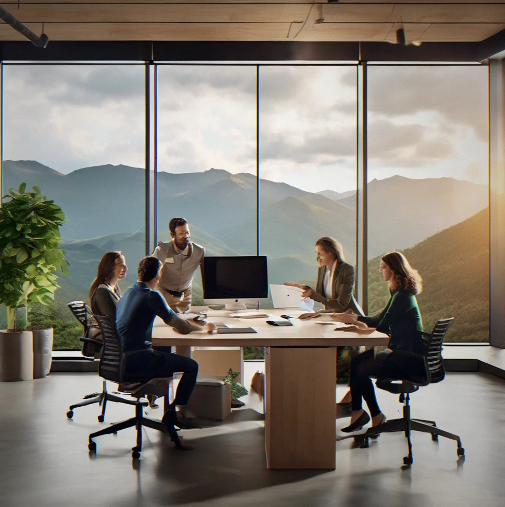 Team members collaborating in modern office environment with brand identity materials visible