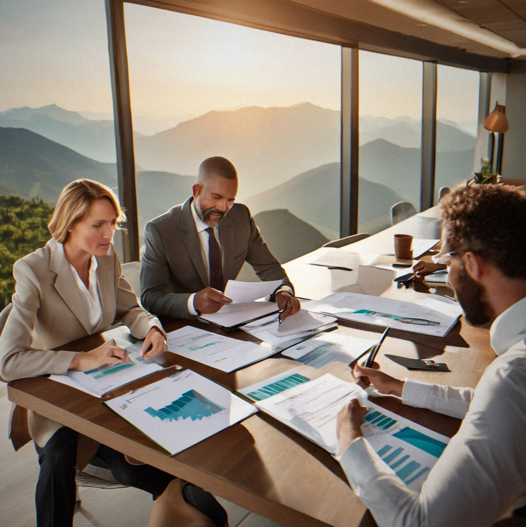 Executives looking over brand positioning and strategy documents at a table